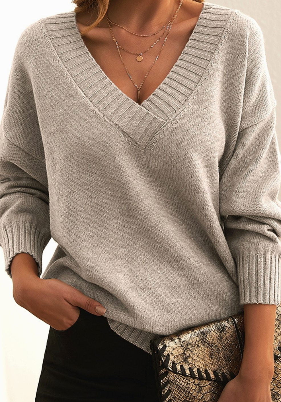 Ruby | Oversized V-Neck Jumper Taupe Knit Ribbed Trim for Women