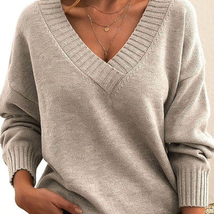 Ruby | Oversized V-Neck Jumper Taupe Knit Ribbed Trim for Women