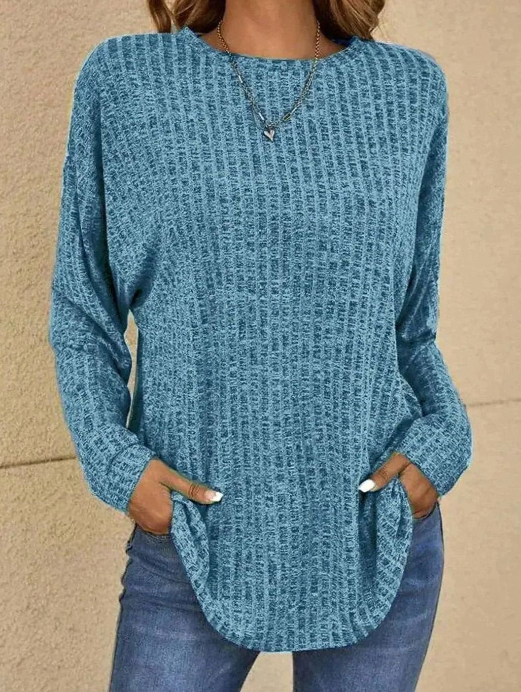 Petronella | Long Sleeve Knit Top Black Grey Waffle-Knit Round Neck for Women