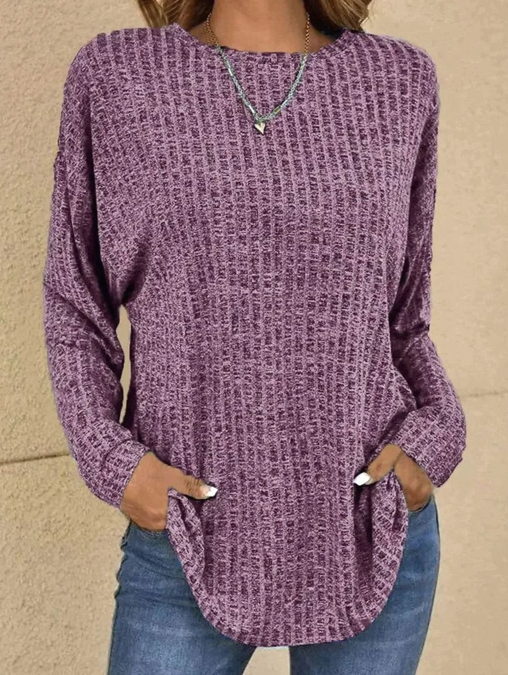 Petronella | Long Sleeve Knit Top Black Grey Waffle-Knit Round Neck for Women