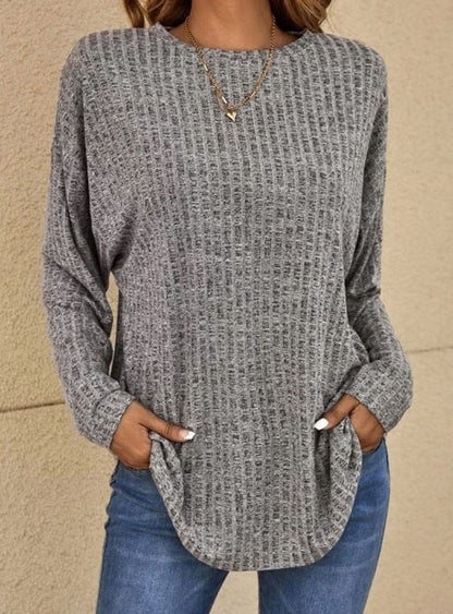 Petronella | Long Sleeve Knit Top Black Grey Waffle-Knit Round Neck for Women