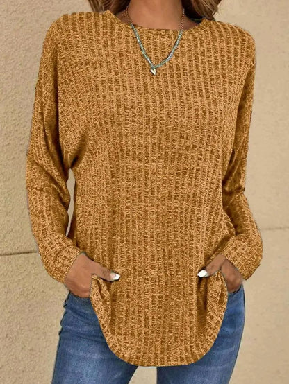 Petronella | Long Sleeve Knit Top Black Grey Waffle-Knit Round Neck for Women