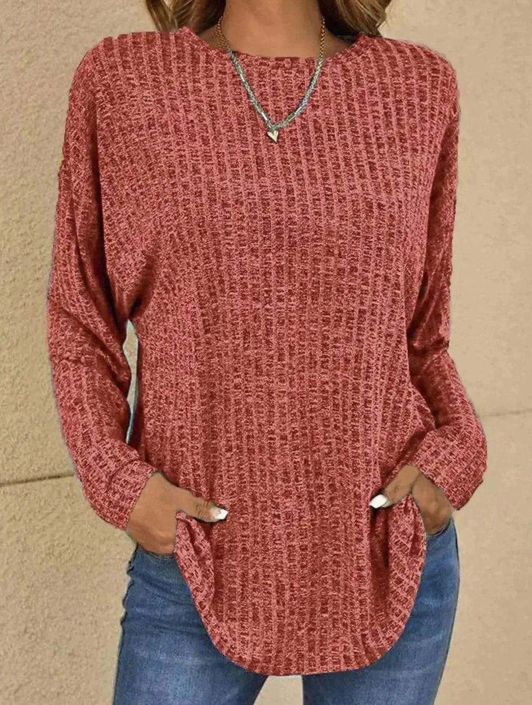 Petronella | Long Sleeve Knit Top Black Grey Waffle-Knit Round Neck for Women