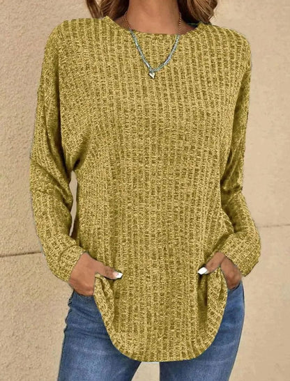Petronella | Long Sleeve Knit Top Black Grey Waffle-Knit Round Neck for Women