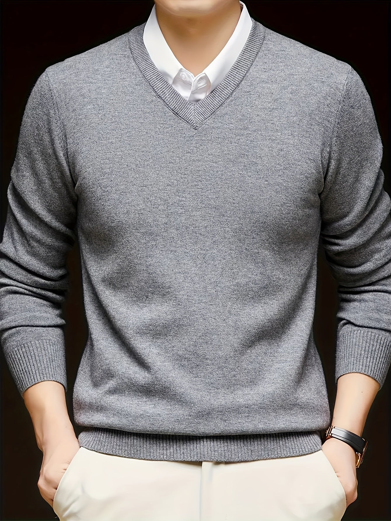Callum | V-Neck Sweater Grey Knit Long Sleeve for Men