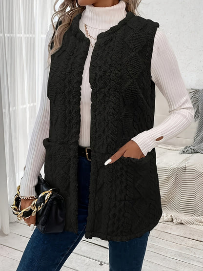 Delyth | Textured Sleeveless Vest Taupe Faux Fur Longline for Women