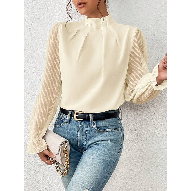 Una | Blouse Black Chiffon Lace-Sleeve High-Neck for Women