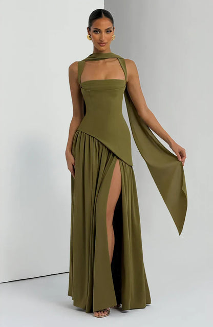 Mabel | Maxi Evening Dress Deep Burgundy Sleeveless Corset Bodice Thigh Slit for Women