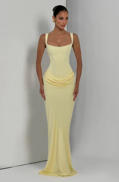 Eloisa | Maxi Dress Chocolate Brown Satin Corset Draped for Women