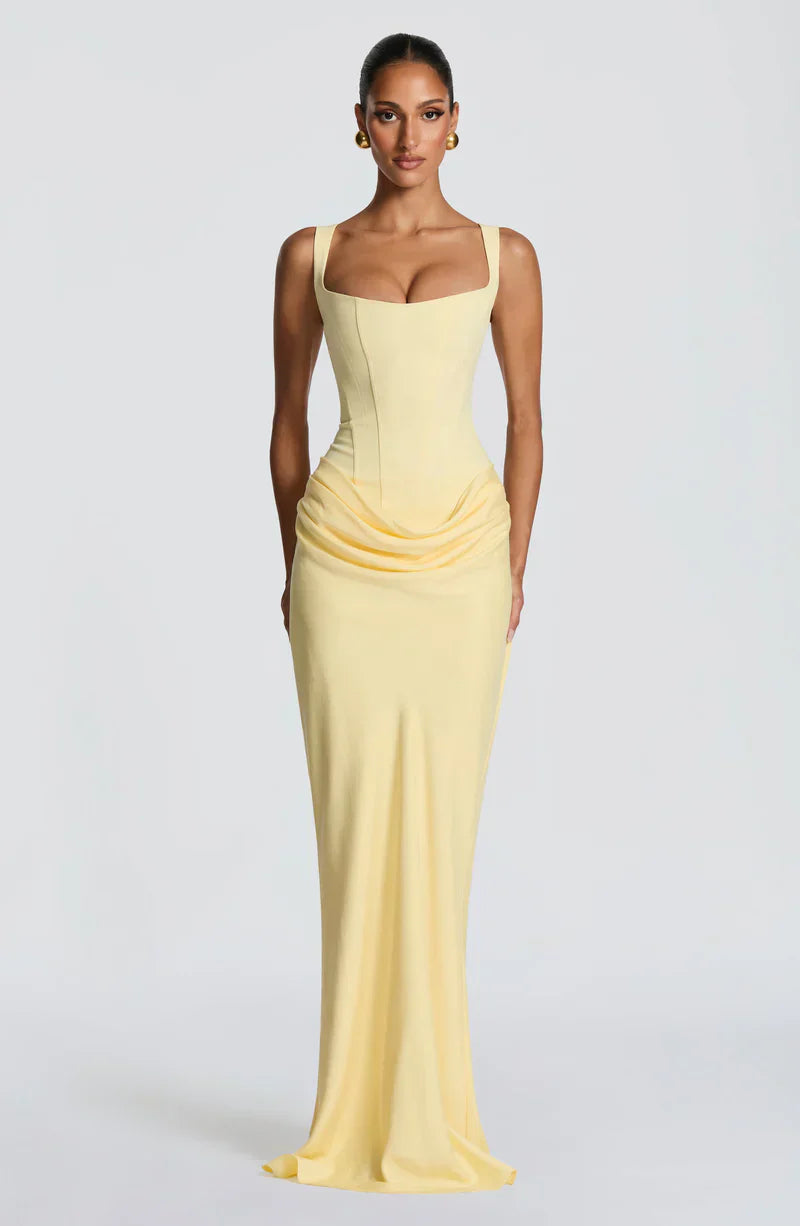 Eloisa | Maxi Dress Chocolate Brown Satin Corset Draped for Women