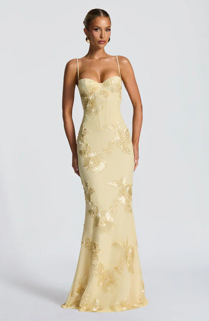 Honoria | Maxi Formal Dress Butter Yellow Floral Appliqué Corset for Women