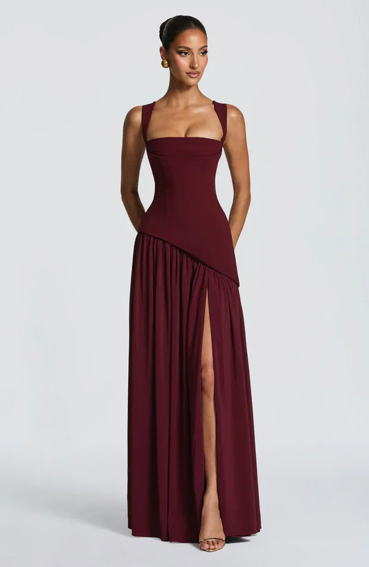 Mabel | Maxi Evening Dress Deep Burgundy Sleeveless Corset Bodice Thigh Slit for Women