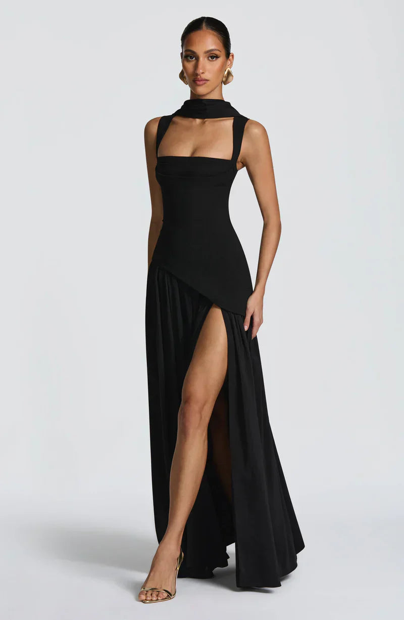 Mabel | Maxi Evening Dress Deep Burgundy Sleeveless Corset Bodice Thigh Slit for Women