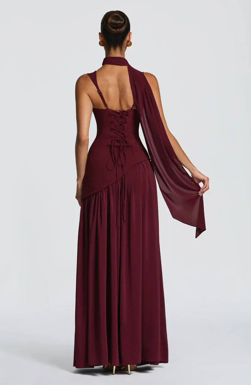 Mabel | Maxi Evening Dress Deep Burgundy Sleeveless Corset Bodice Thigh Slit for Women