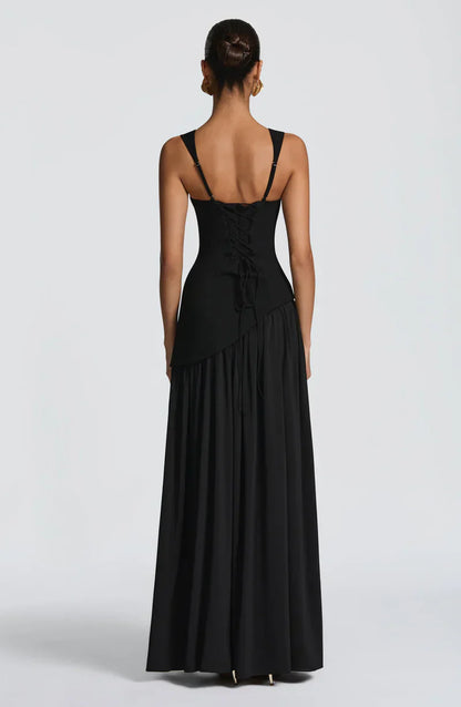 Mabel | Maxi Evening Dress Deep Burgundy Sleeveless Corset Bodice Thigh Slit for Women