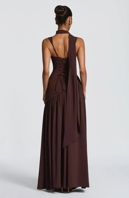Mabel | Maxi Evening Dress Deep Burgundy Sleeveless Corset Bodice Thigh Slit for Women