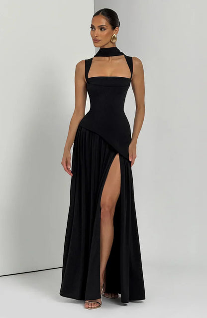 Mabel | Maxi Evening Dress Deep Burgundy Sleeveless Corset Bodice Thigh Slit for Women