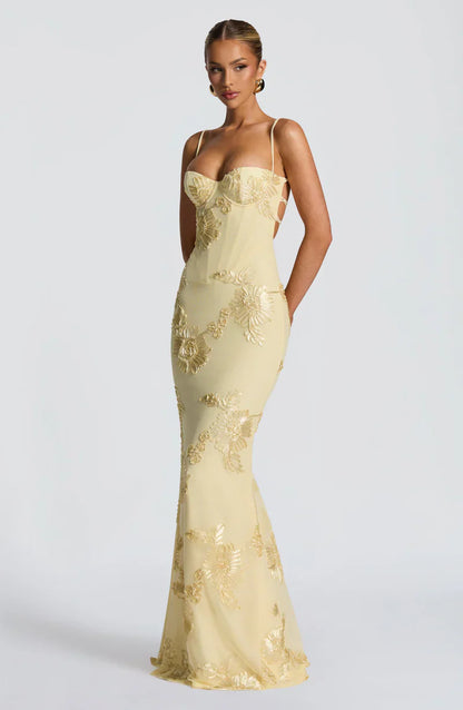 Honoria | Maxi Formal Dress Butter Yellow Floral Appliqué Corset for Women