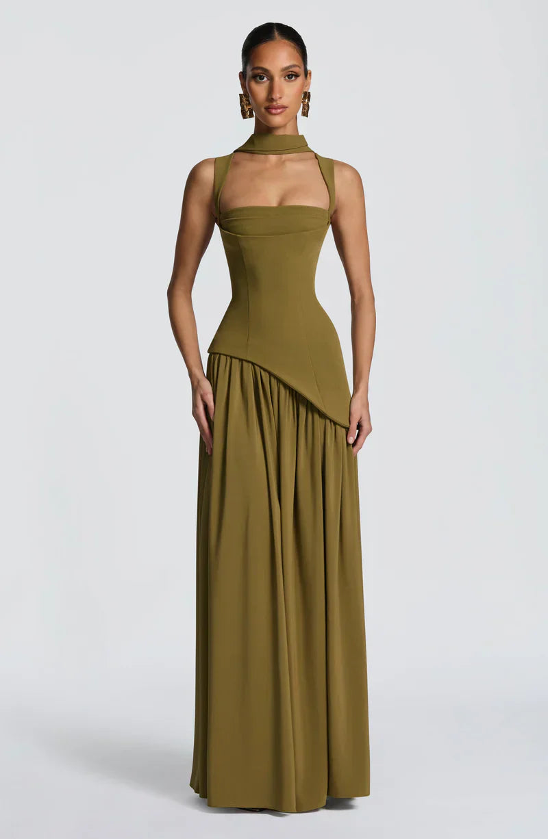 Mabel | Maxi Evening Dress Deep Burgundy Sleeveless Corset Bodice Thigh Slit for Women