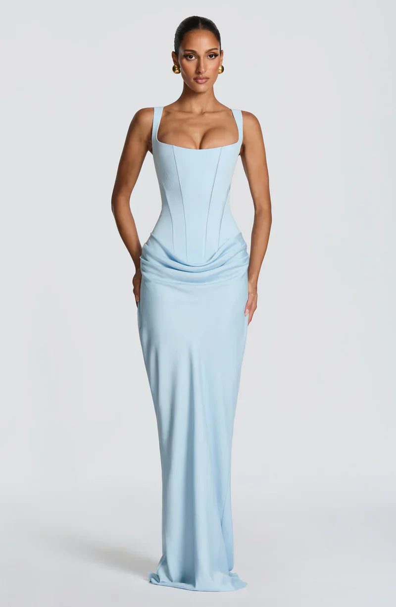 Eloisa | Maxi Dress Chocolate Brown Satin Corset Draped for Women