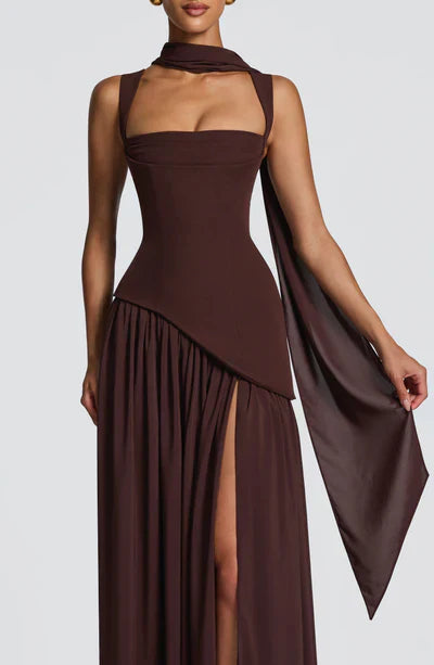 Mabel | Maxi Evening Dress Deep Burgundy Sleeveless Corset Bodice Thigh Slit for Women