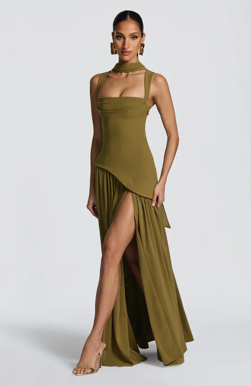 Mabel | Maxi Evening Dress Deep Burgundy Sleeveless Corset Bodice Thigh Slit for Women