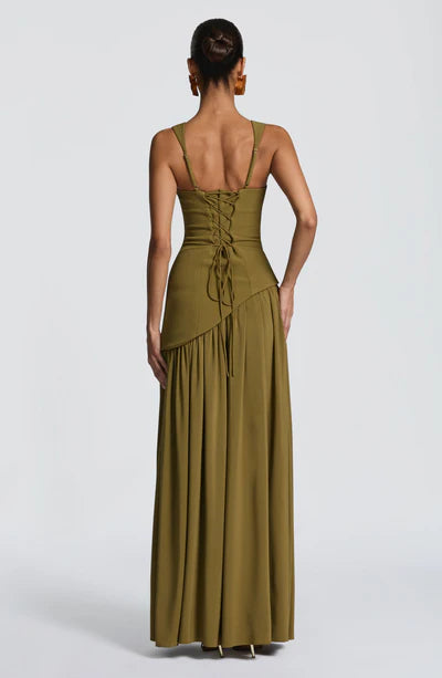 Mabel | Maxi Evening Dress Deep Burgundy Sleeveless Corset Bodice Thigh Slit for Women
