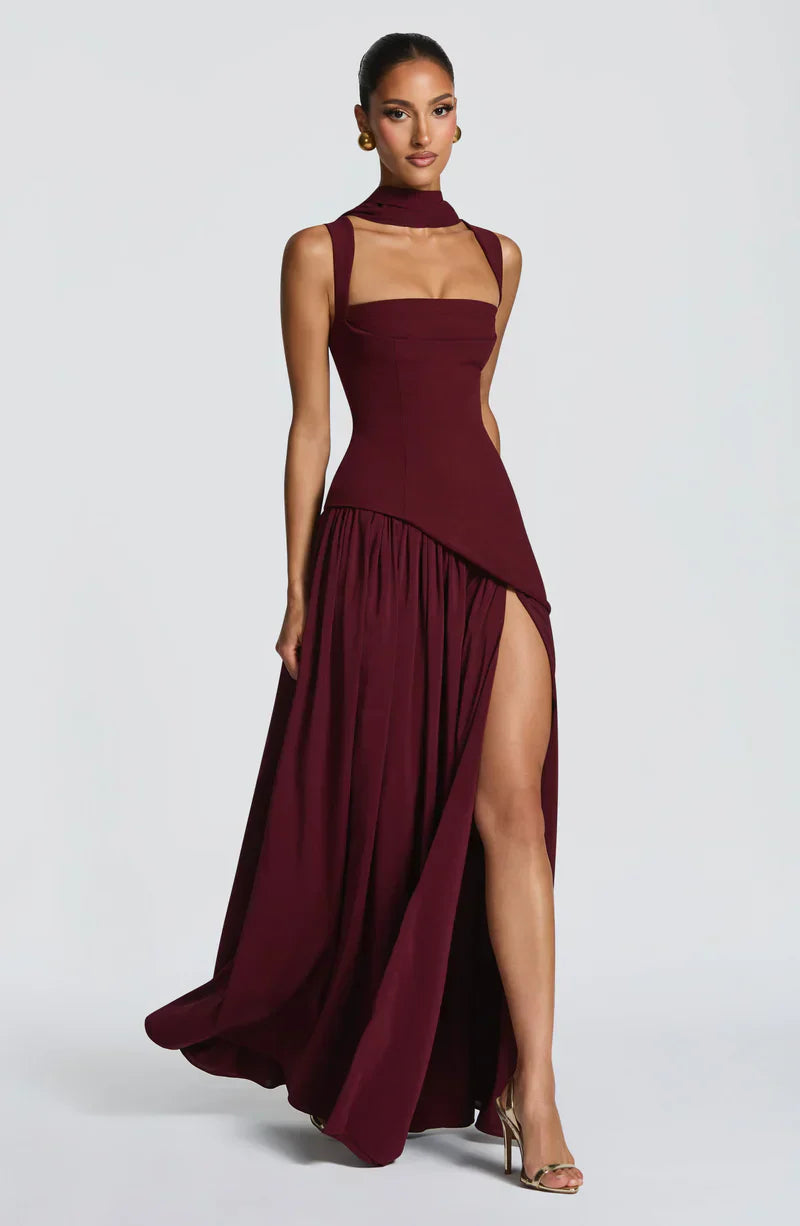 Mabel | Maxi Evening Dress Deep Burgundy Sleeveless Corset Bodice Thigh Slit for Women