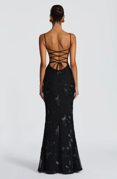Honoria | Maxi Formal Dress Butter Yellow Floral Appliqué Corset for Women