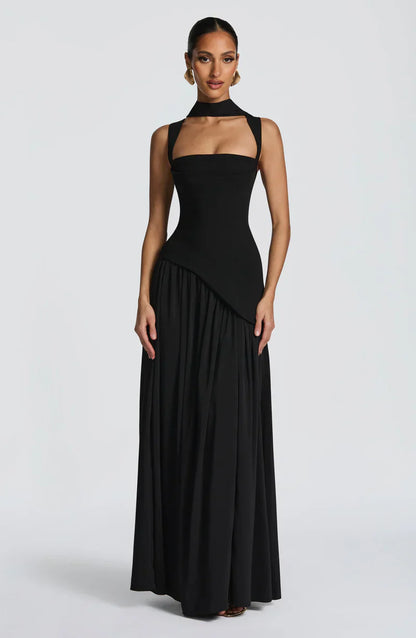 Mabel | Maxi Evening Dress Deep Burgundy Sleeveless Corset Bodice Thigh Slit for Women