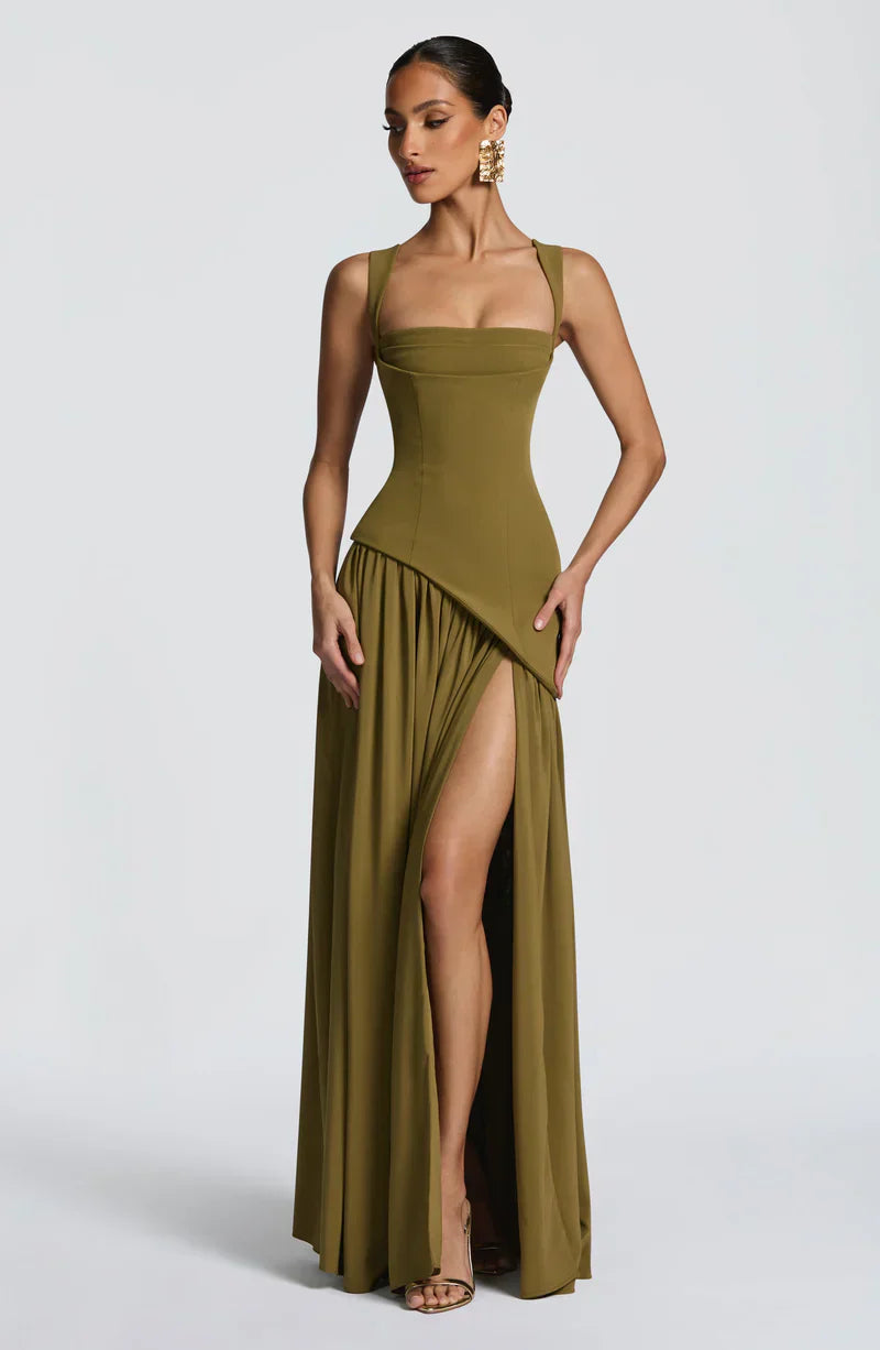 Mabel | Maxi Evening Dress Deep Burgundy Sleeveless Corset Bodice Thigh Slit for Women