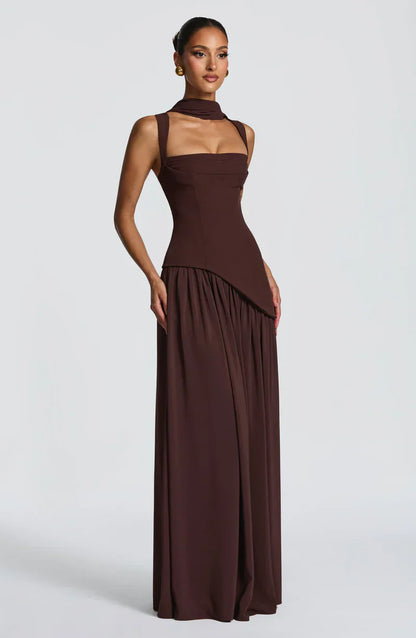 Mabel | Maxi Evening Dress Deep Burgundy Sleeveless Corset Bodice Thigh Slit for Women