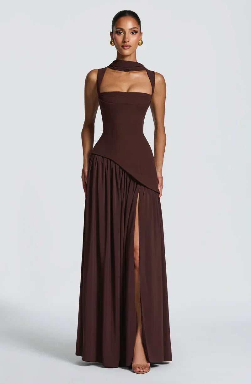 Mabel | Maxi Evening Dress Deep Burgundy Sleeveless Corset Bodice Thigh Slit for Women