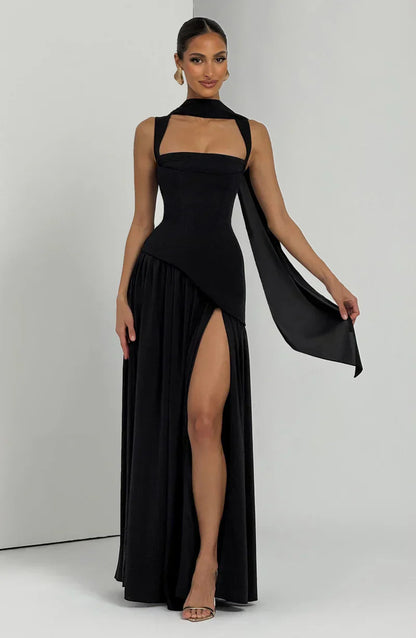 Mabel | Maxi Evening Dress Deep Burgundy Sleeveless Corset Bodice Thigh Slit for Women