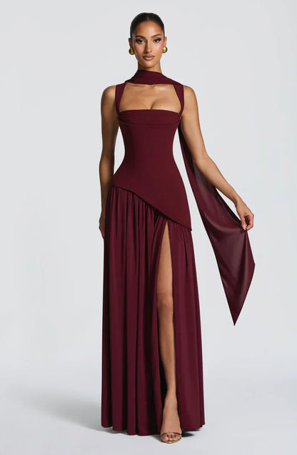 Mabel | Maxi Evening Dress Deep Burgundy Sleeveless Corset Bodice Thigh Slit for Women