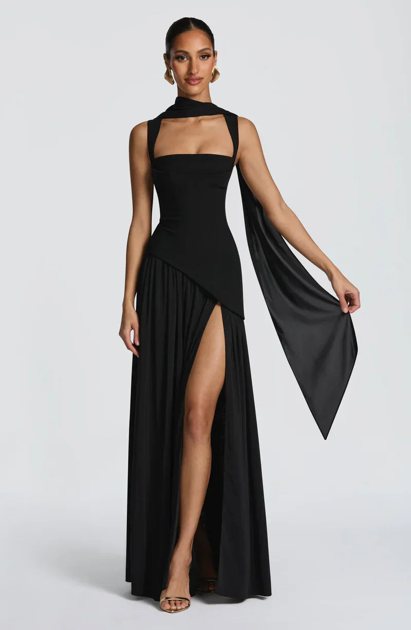 Mabel | Maxi Evening Dress Deep Burgundy Sleeveless Corset Bodice Thigh Slit for Women