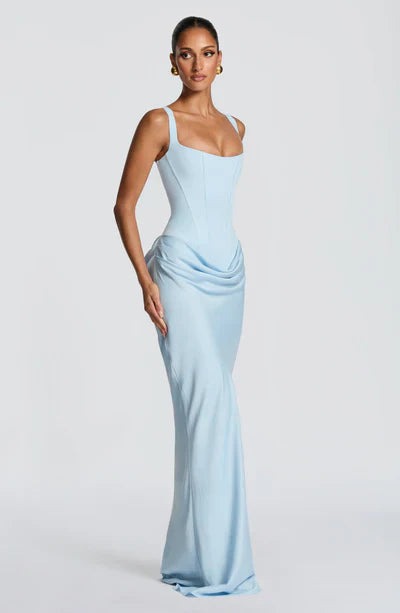 Eloisa | Maxi Dress Chocolate Brown Satin Corset Draped for Women