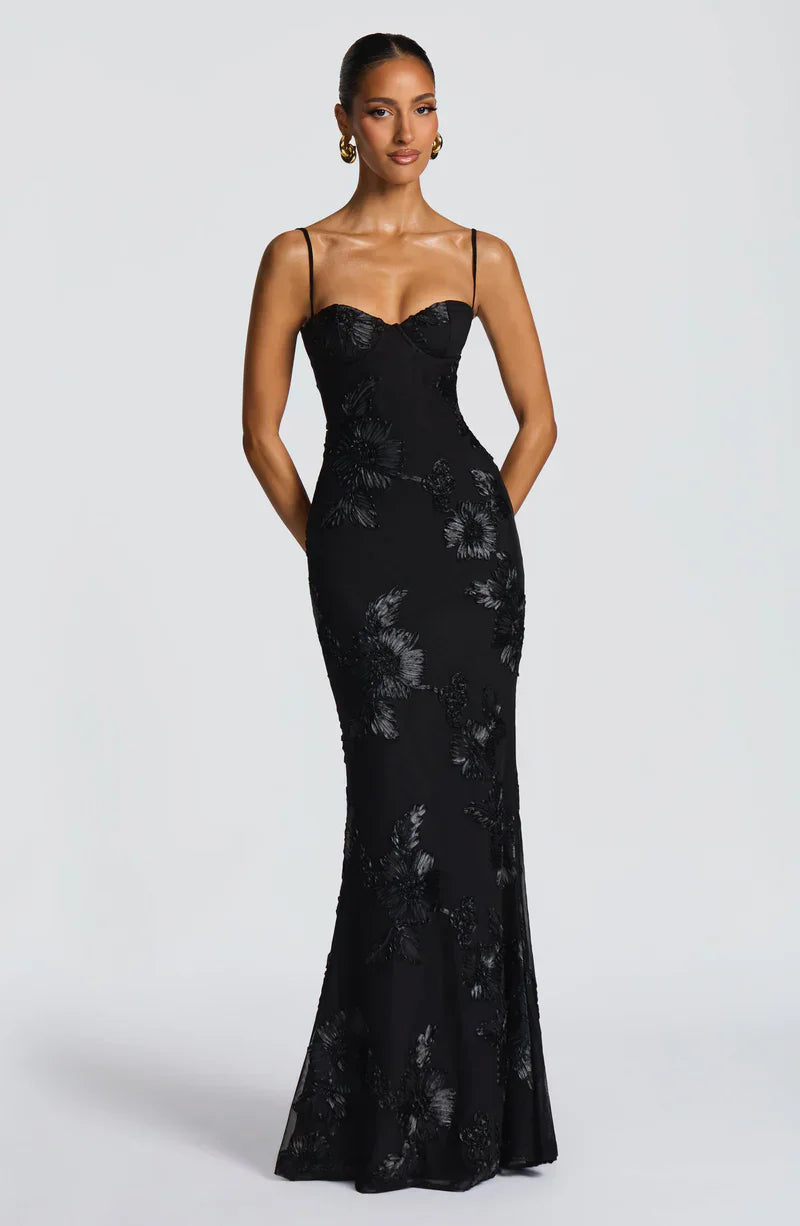 Honoria | Maxi Formal Dress Butter Yellow Floral Appliqué Corset for Women