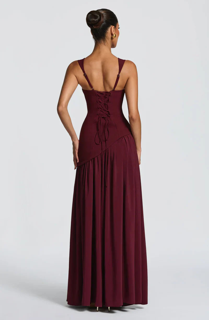 Mabel | Maxi Evening Dress Deep Burgundy Sleeveless Corset Bodice Thigh Slit for Women