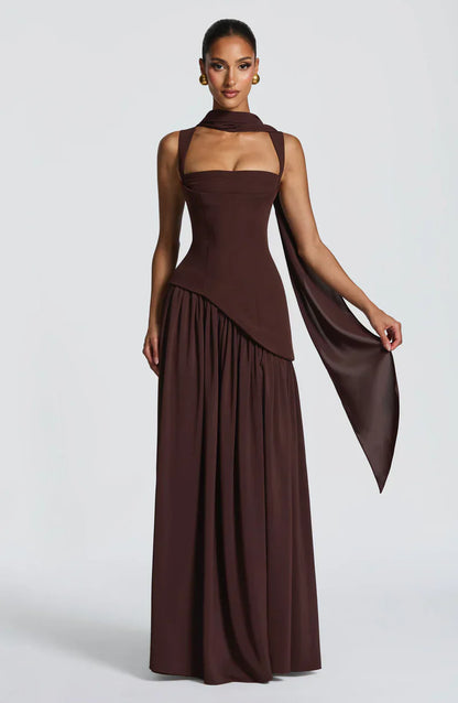 Mabel | Maxi Evening Dress Deep Burgundy Sleeveless Corset Bodice Thigh Slit for Women