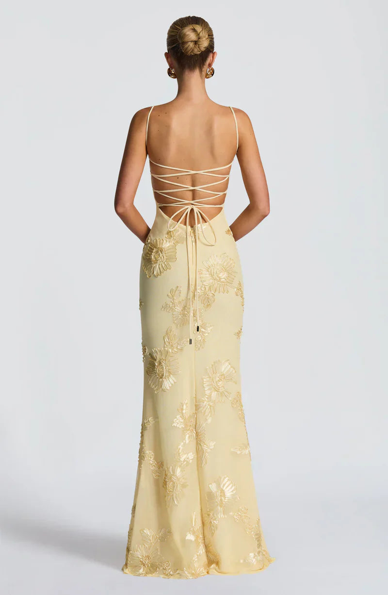 Honoria | Maxi Formal Dress Butter Yellow Floral Appliqué Corset for Women