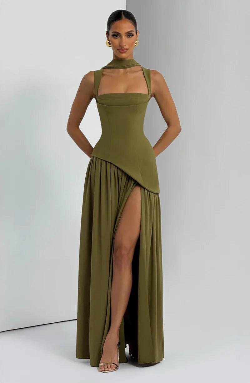Mabel | Maxi Evening Dress Deep Burgundy Sleeveless Corset Bodice Thigh Slit for Women