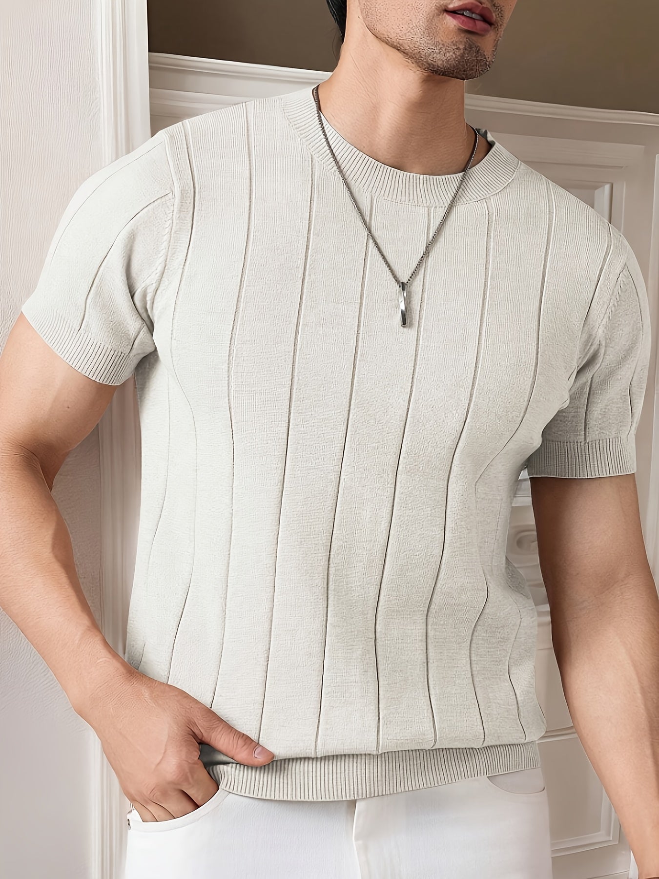 Wilfred | Striped Knit T-Shirt Oatmeal Viscose Ribbed Crew Neck for Men