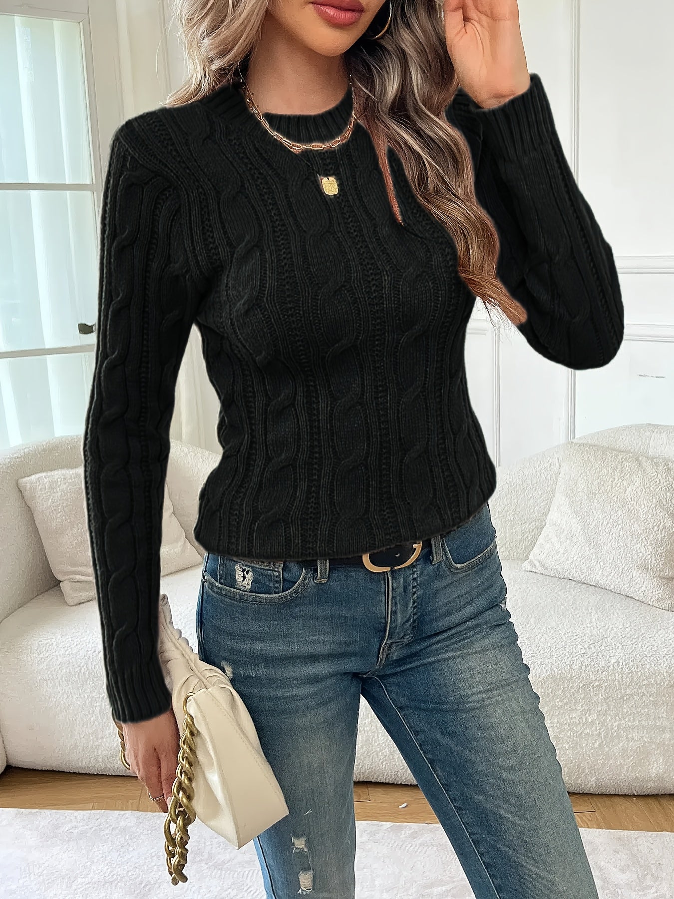 Jonquil | Classic Twist-Knit Sweater Black Cable Knit for Women