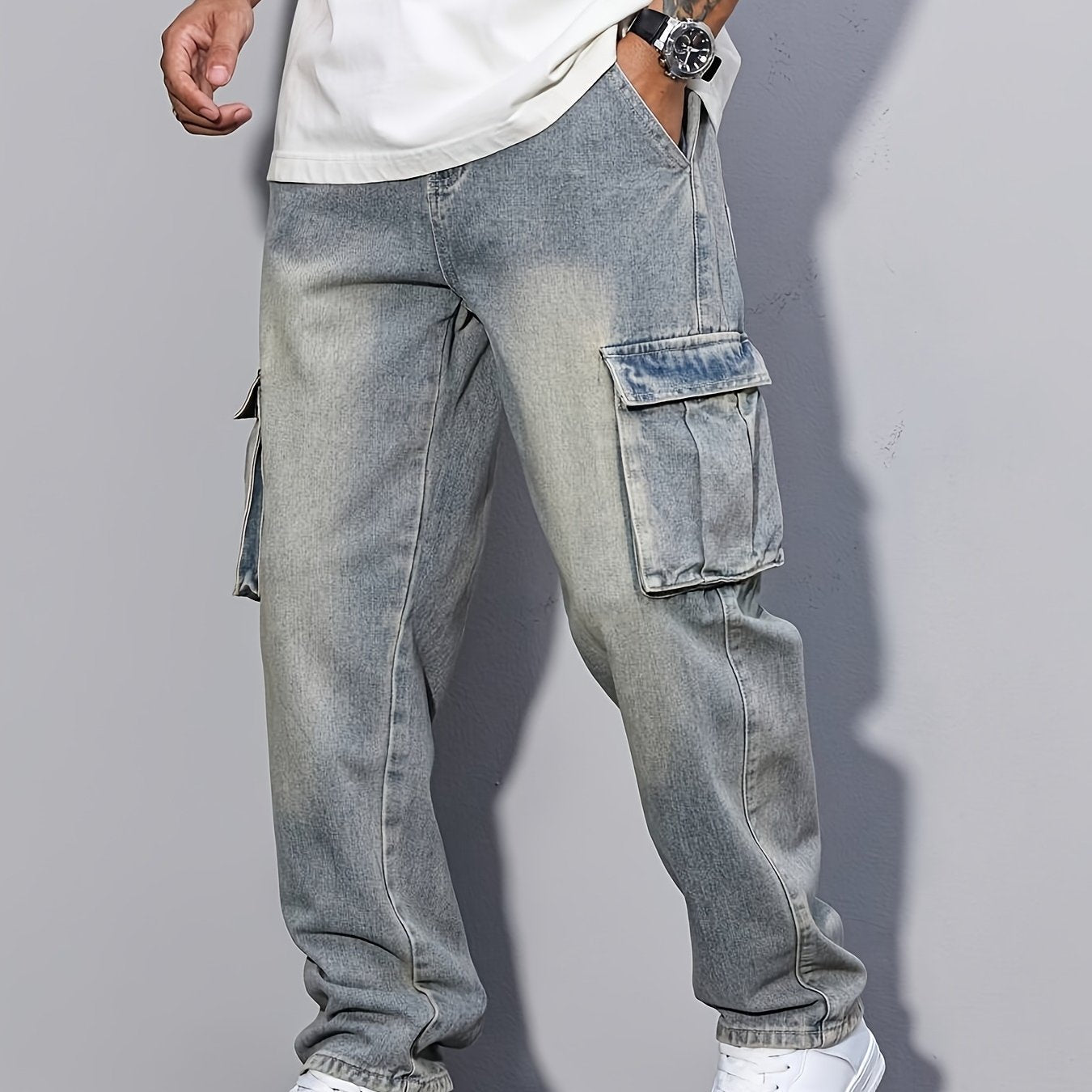 Silas | Cargo Trousers Grey Washed Denim Relaxed Fit for Men