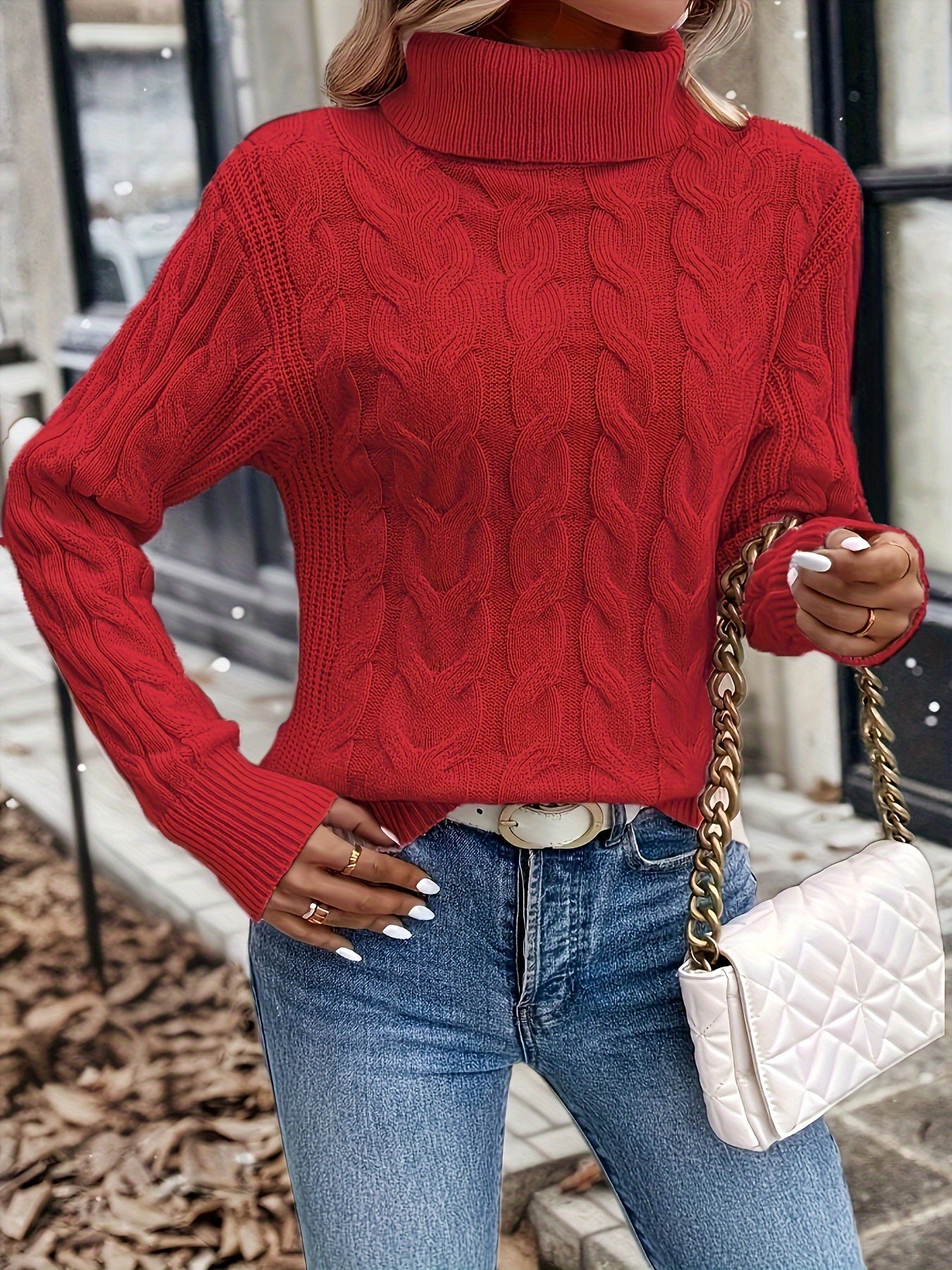 Olwen | Sweater Red Cable-Knit Turtleneck for Women