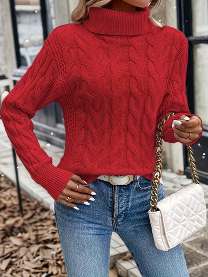 Olwen | Sweater Red Cable-Knit Turtleneck for Women