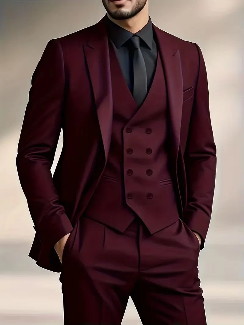 Nathaniel | Suit Black Slim Fit Three-Piece Double-Breasted Waistcoat for Men