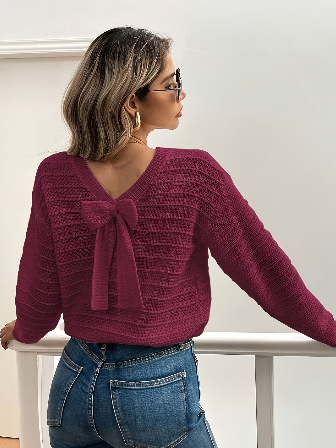 Oriana | Sweater Cream Ribbed Knit Bow-Tie Back for Women