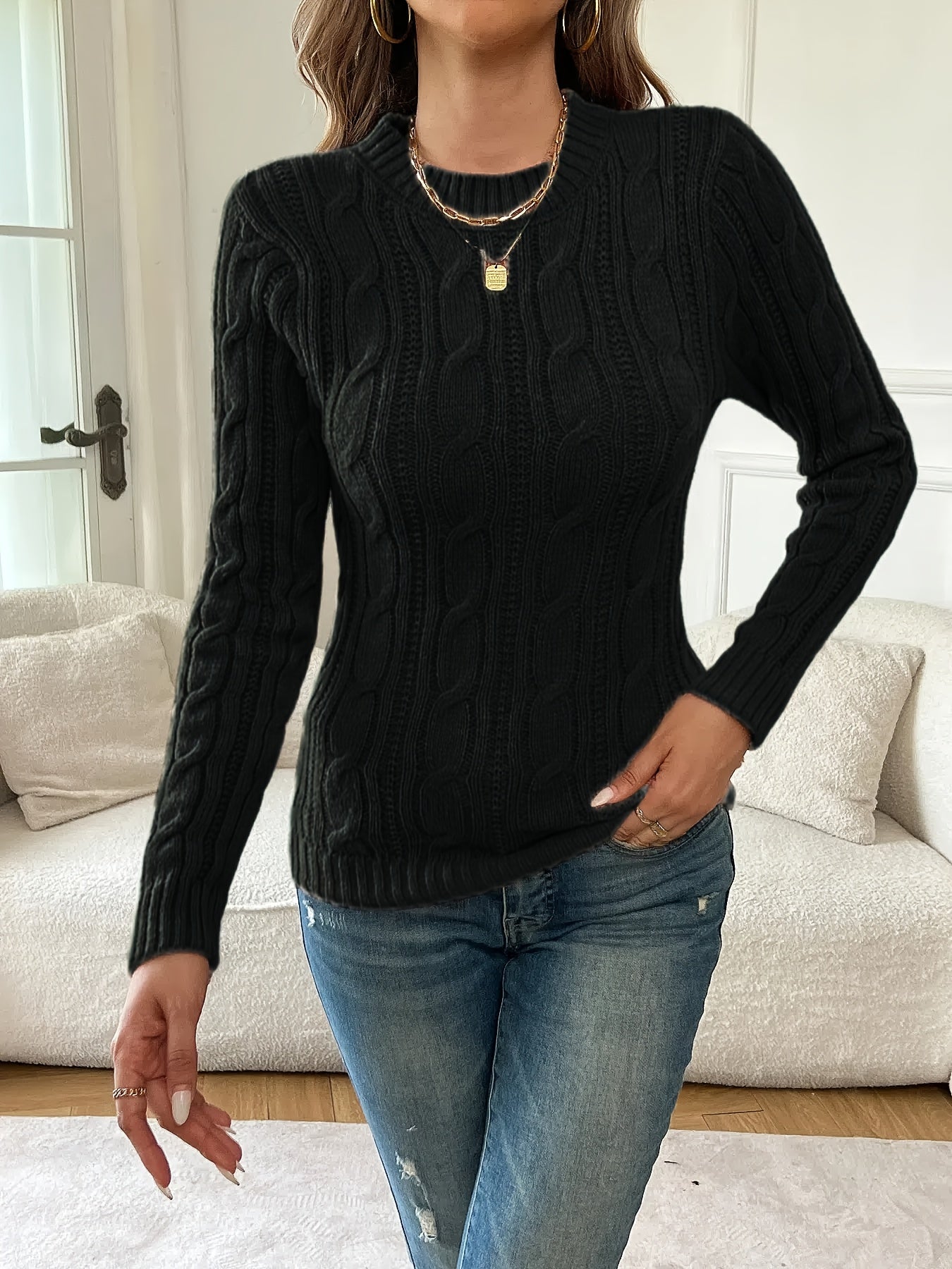 Jonquil | Classic Twist-Knit Sweater Black Cable Knit for Women